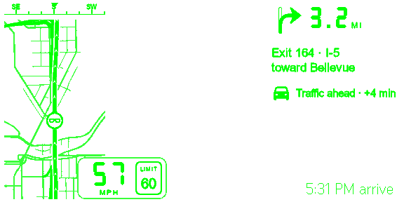 I-5 southbound, Seattle: Exit 164 toward Bellevue in 3.2 miles, a car icon with Traffic ahead +4 min, 57 mph beside a 60 limit, and an arrival time that counts the delay.